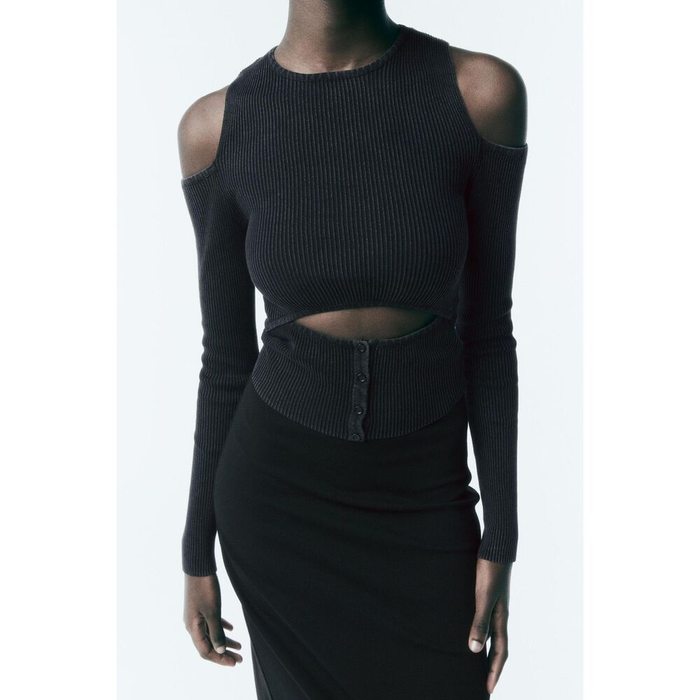 ZARA ACID WASH KNIT CUT-OUT TOP